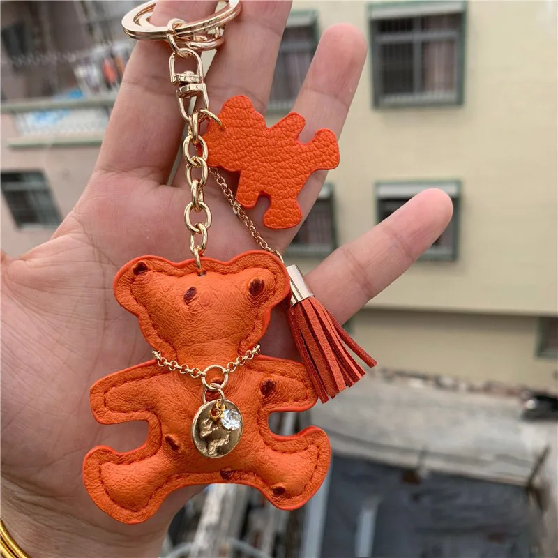 Creative Luxury PU Leather Bear Doll Keychain Rhinestone Bear Keyring  Couple Key Chain Classic Women Bag Pendant Keyfob gifts