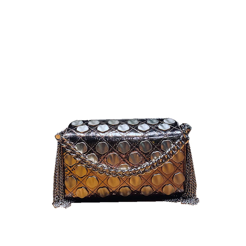 Fashion And Luxurious New Top Layer Cowhide Silver Glossy Horizontal Square Rivet Tassel Metal Chain Decoration Crossbody Women