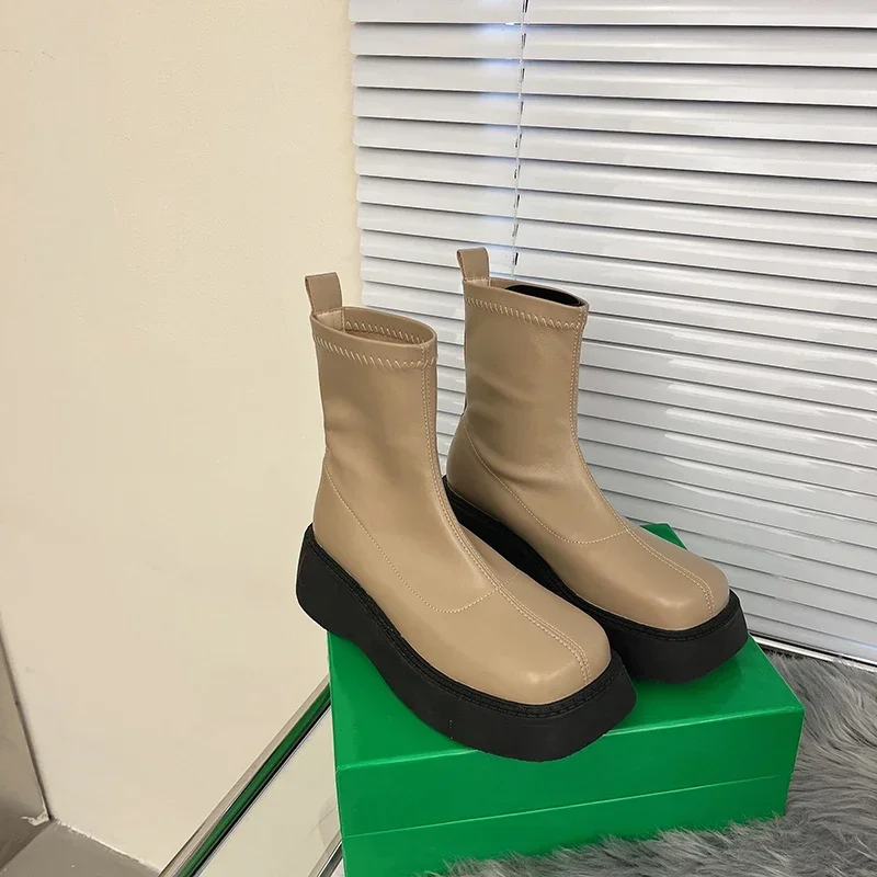 2023 Winter Chunky Boots For Women Square Toe Shoes Ladies Fashion Slip On Platform Thick Sole Short Boots Ladies Ankle Booties