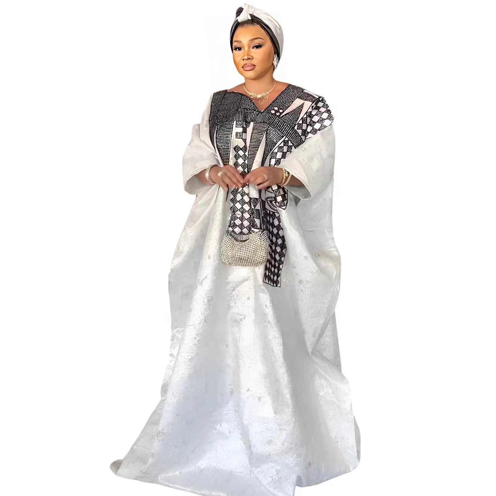 African Dress For Woman Plus Size Bazin Riche Embroidery Floor Long With Scarf