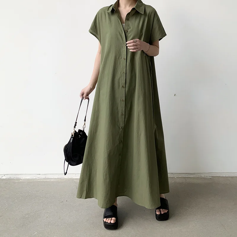 

Spring Summer Loose Shirt Dresses Fashion Female Short Sleeve Vintage Solid Casual Cotton and Line Dress Women Wrap Dresses
