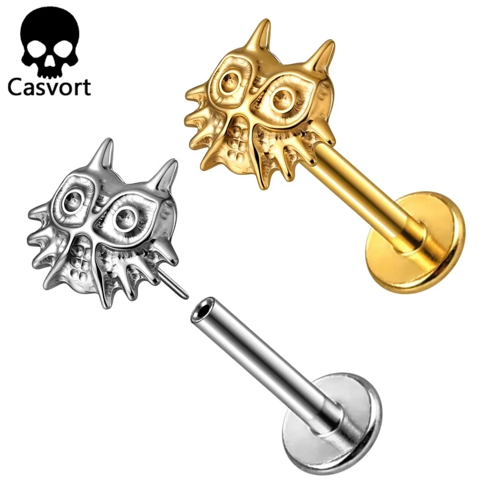 Casvort 1 Stück Gewindelos Push-Pin Labret ASTM F136 Titan 16G 18G Innengewinde Flacher Rücken Ohrstecker Eulenmaske Lippen Medusa Tragus
