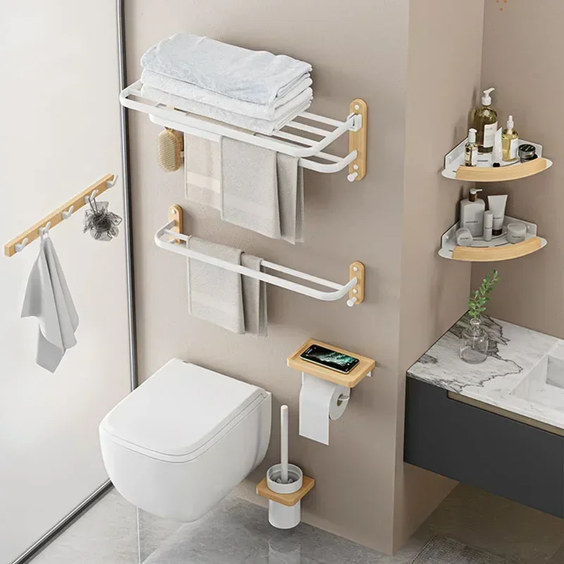 Bathroom Pendant Towel Holder Shower Rack Solid Wood Bathroom Shelf Shampoo Shower Gel Corner Holder Towel Bar Mobile Phone Rack