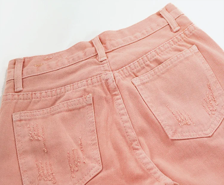 High Waist Straight Denim Pants Women Fashion Pink Orange BF Style Denim Trousers Women Ankle-length Big Hole Jeans Femme ariat jeans