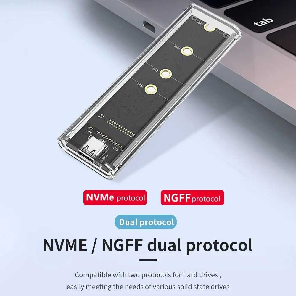 M.2 NVME PCIe NGFF SATA Dual Protocol SSD Case Clear USB Type C PCI-E M2 SSD Transparent External Enclosure Hard Disk Box