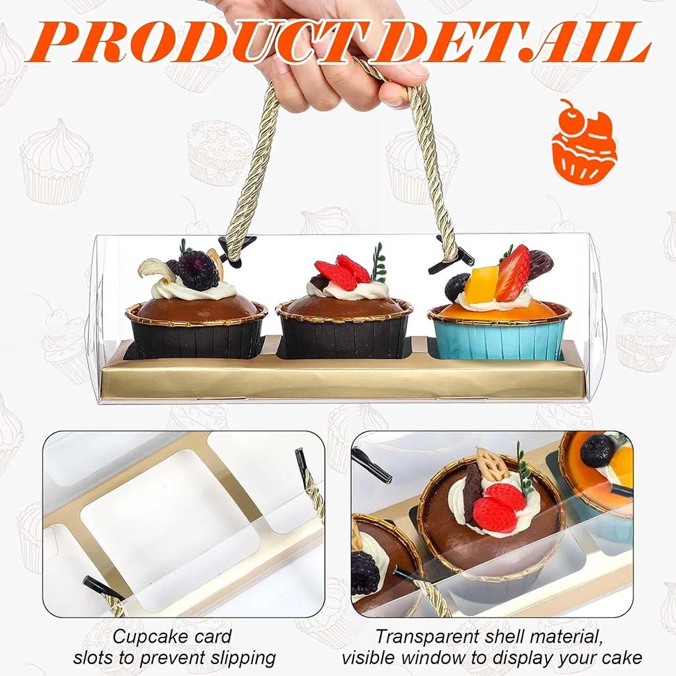 10Pcs Clear Cupcake Boxes with Rope Handles, Portable Rectangular 3-Compartment Cake Co... - SKU CBRH1150 - UGI Packaging