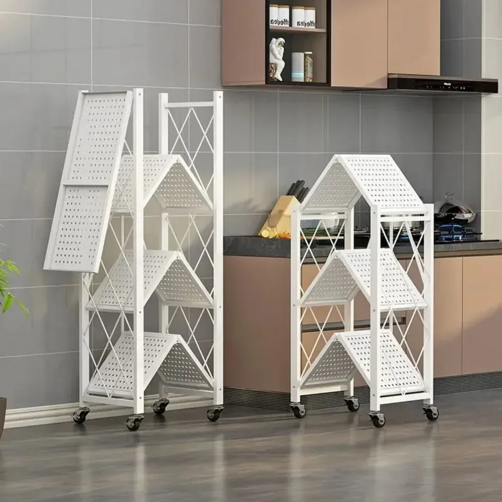 Storage Rack Foldable Metal Storage Shelves Large Iron Frame Multifunctional Living Room Rack Kitchen Shelf Wheels
