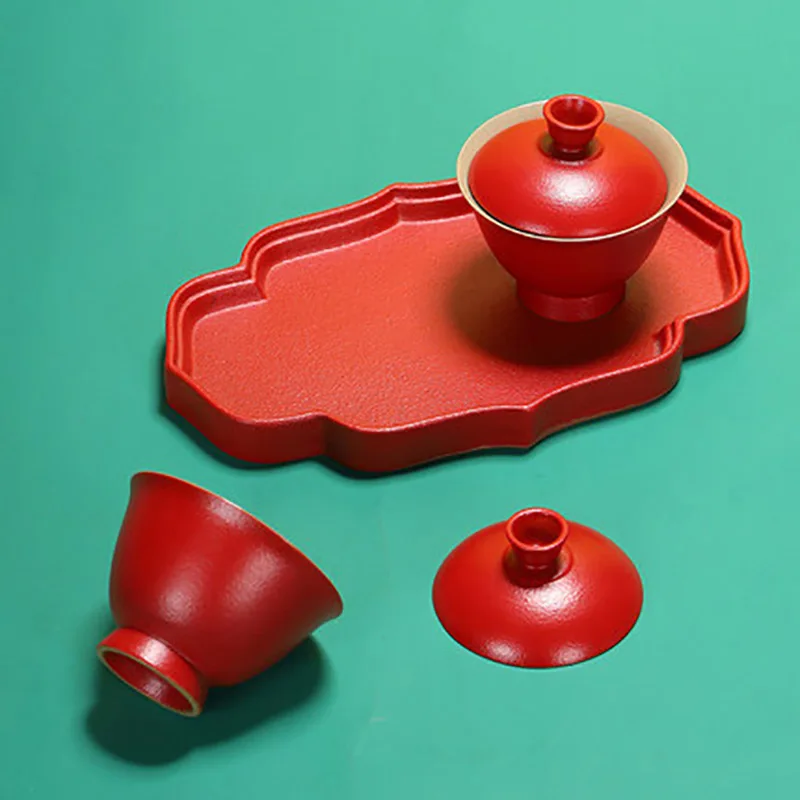 Chinese Red Wedding Gaiwan Tea Cups and Saucer Sets, Ceramic Teaware, Kung Fu Puer Ceremony, Luxury Souvenir Gifts