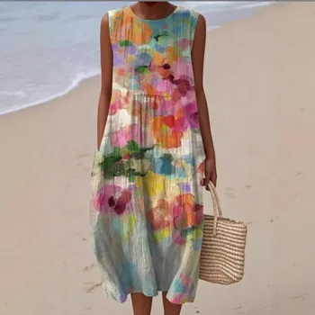 2026 Summer Dress Floral Print Sleeveless Round Neck Loose Fit Women Fashion Casual Long Dress 1