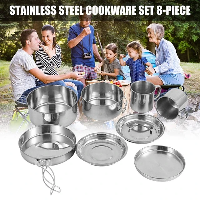 8PCS Outdoor Pot Bowl Kit Stainless Steel Camping Tableware