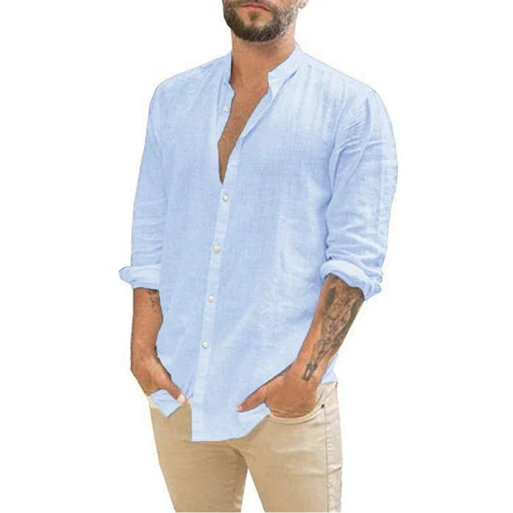 Linen Shirt Cotton Men Long-Sleeved Summer Solid Color Stand-Up Collar Beach Style