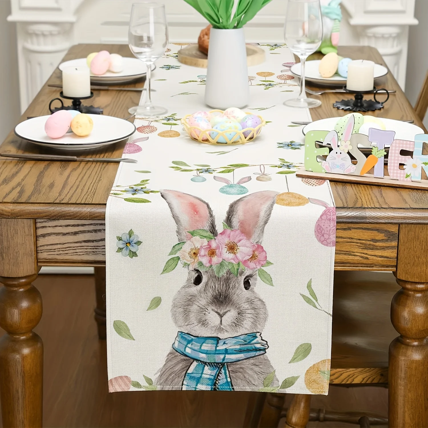 Easter Bunny Colorful Egg Linen Table Runners Dresser Scarves Table Decor Farmhouse Kitchen Dining Table Runner Party Decoration 2