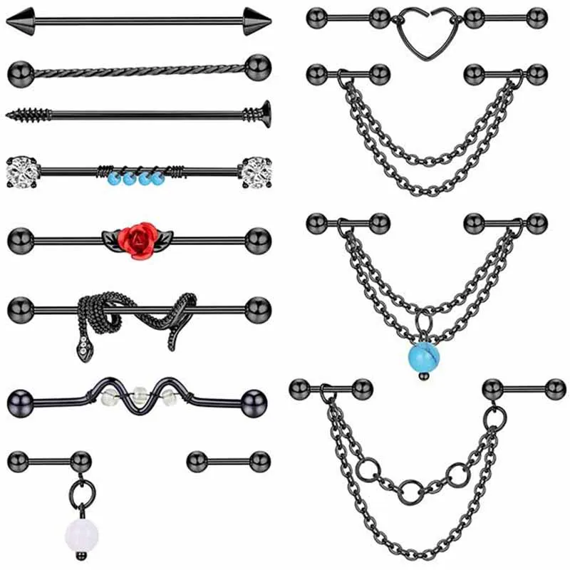 

13Pcs/Set Industrial Ear Stud 14G Stainless Steel Chain Industrial Piercing Barbell Cartilage Helix Conch Piercing Bar Stud Lot
