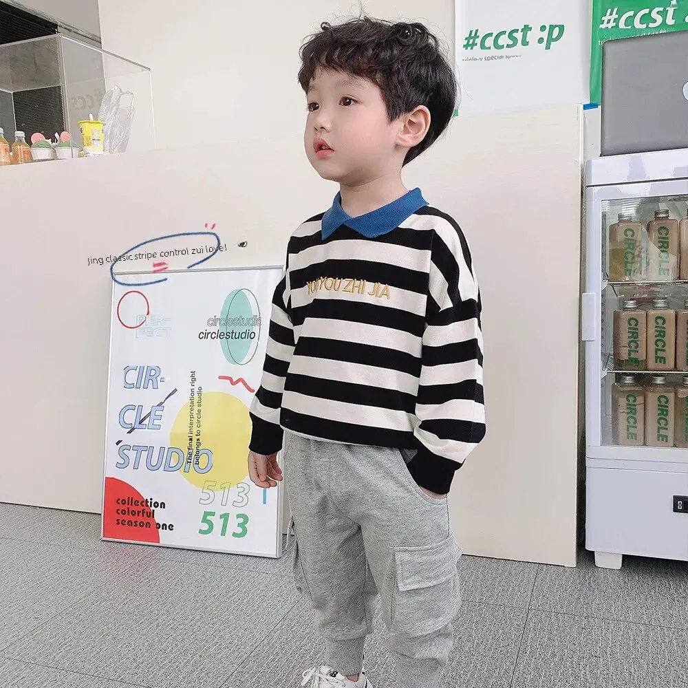 남아용 줄무늬 폴로 셔츠, 한국 스타일 아동복, 맨투맨, 용수철, 가을, 2023 신상