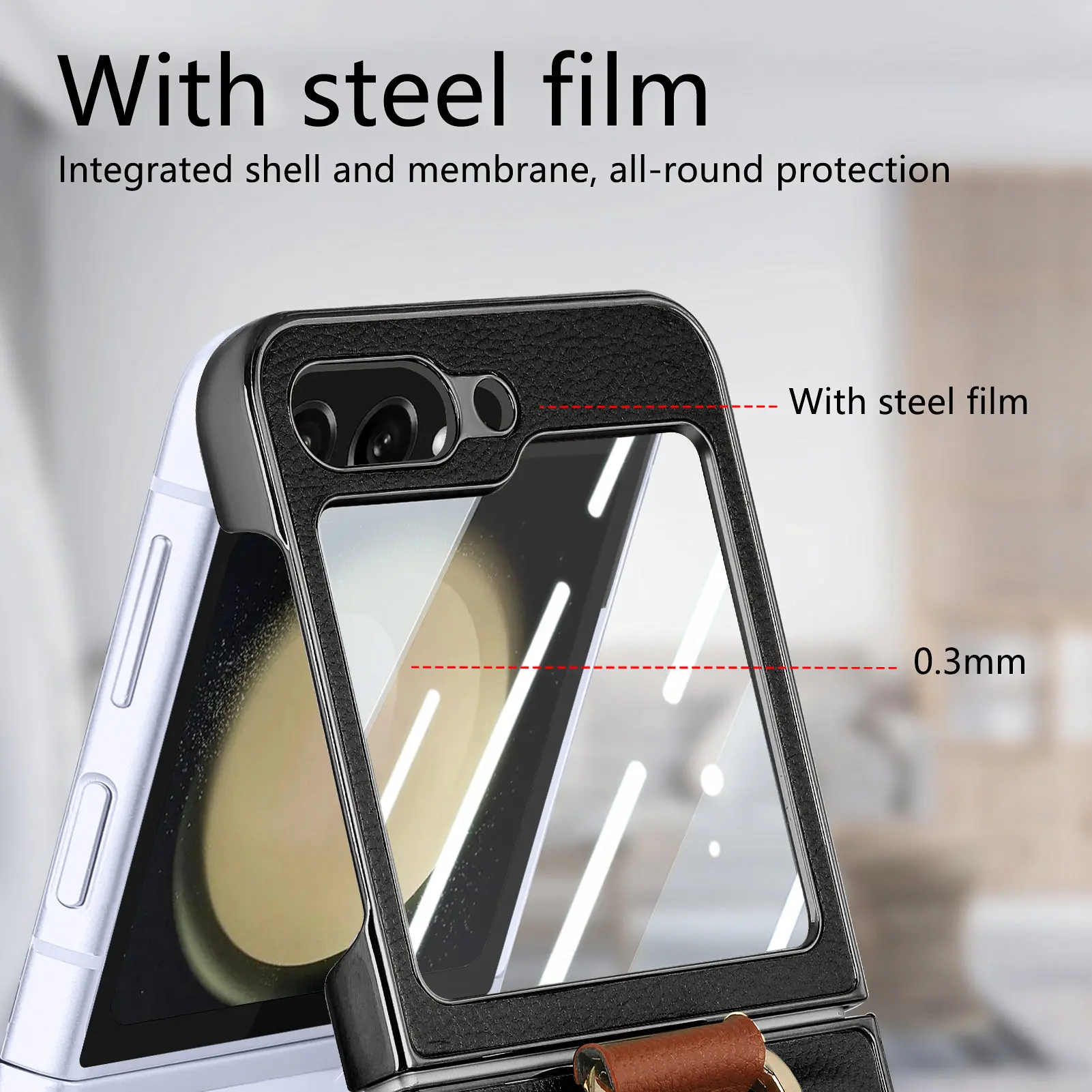 Electroplated Finger Ring Phone Case For Samsung Galaxy Z Flip 5 With Screen Protector Stand Shockproof Leather Cover