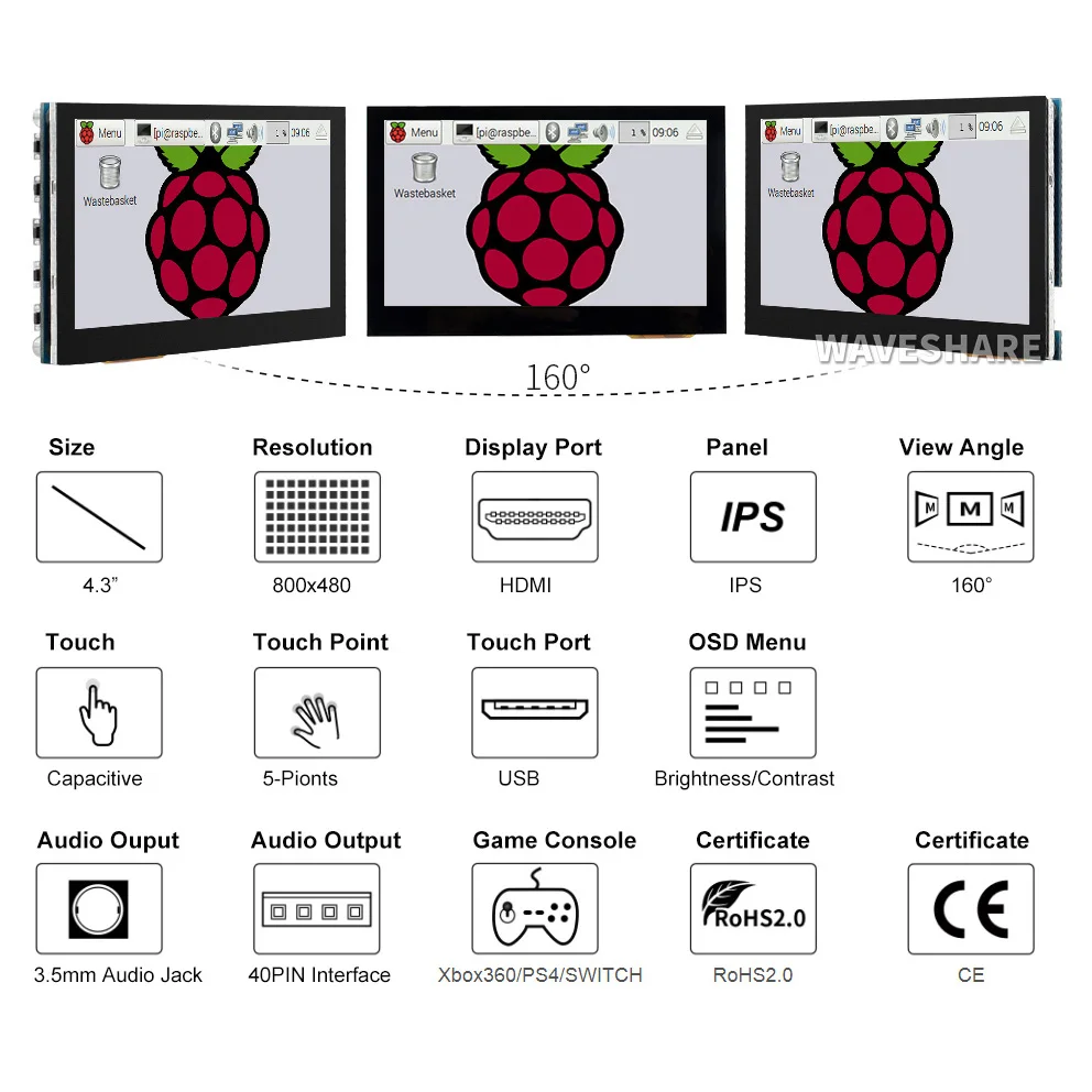 Waveshare   4, 3, ο  ġ ũ, 4.3 ġ HDMI LCD (B), 2 W 800  480 ػ IPS ÷