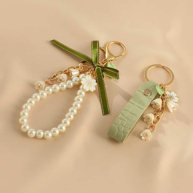Lily of The Valley Flower Leather Keychain for Women Korea