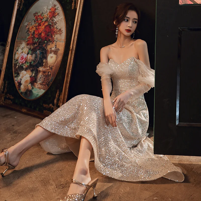 

2023 French Lace Bling Bling Tube Top Temperament Evening Woman Birthday Dress Women Banquet Party Fairy Dress