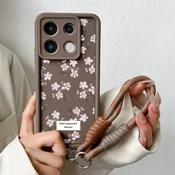 Pink Flower Wrist Chain Lanyard Case with Strap for Xiaomi Poco m6 4G (NYNY17-Coffee-SS)