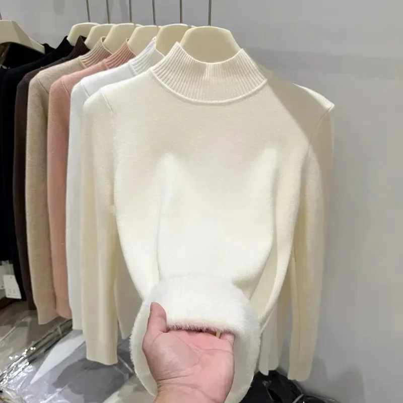 Autumn and Winter Integrated Velvet Semi-turtleneck Women's Long-sleeved Sweater Fashion Elegant Slim-fit Solid-color Knitwear