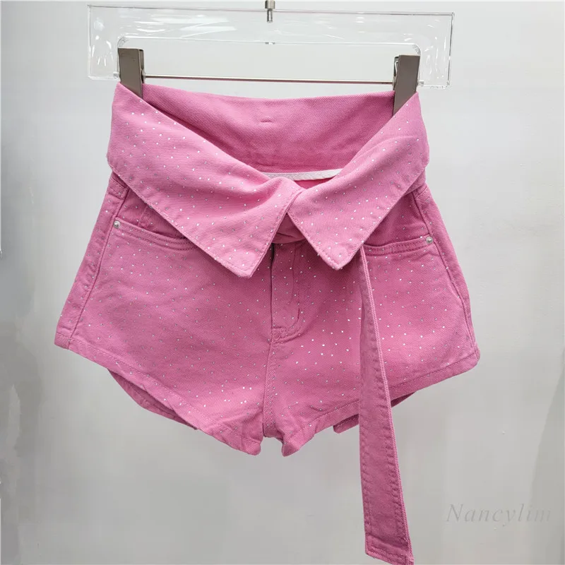 Heavy Embroidery Hot Drilling Black Denim Shorts Flanging Design Irregular High Waist 2024 New Spring and Summer Clothing Women
