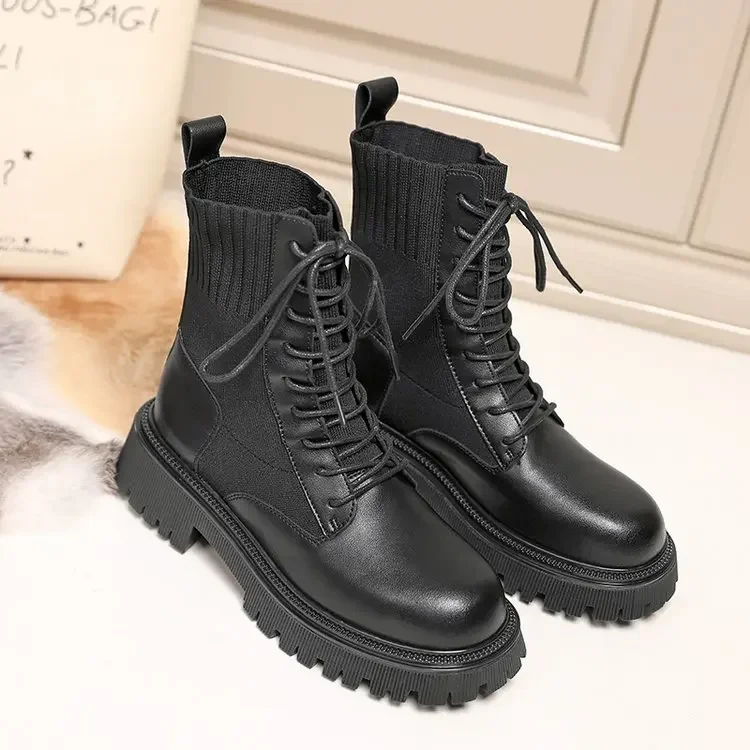 square heel lace-up knitted socks boots platform black women's