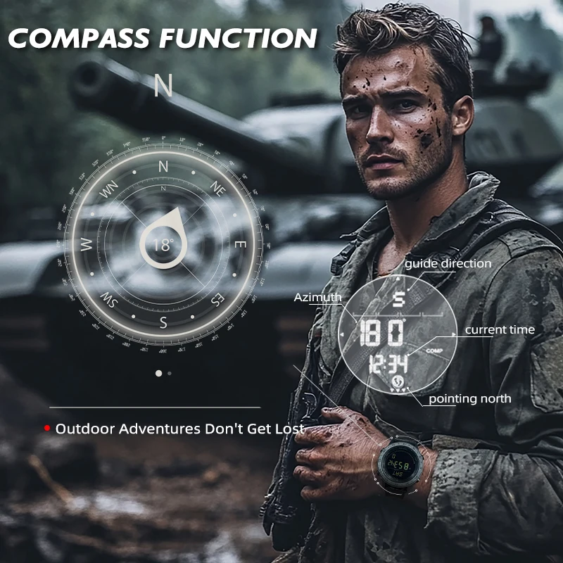 NORTH EDGE TANK 3 Men's Digital Military Outdoor Sports Watch with Pedometer, Calorie Tracker, and Compass, Waterproof up to 50M