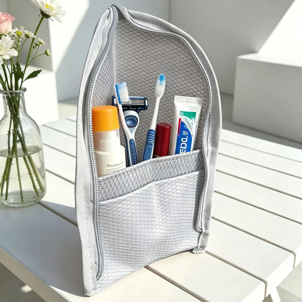 Breathable Quick-Dry Mesh Toiletry Bag with Toothbrush Case