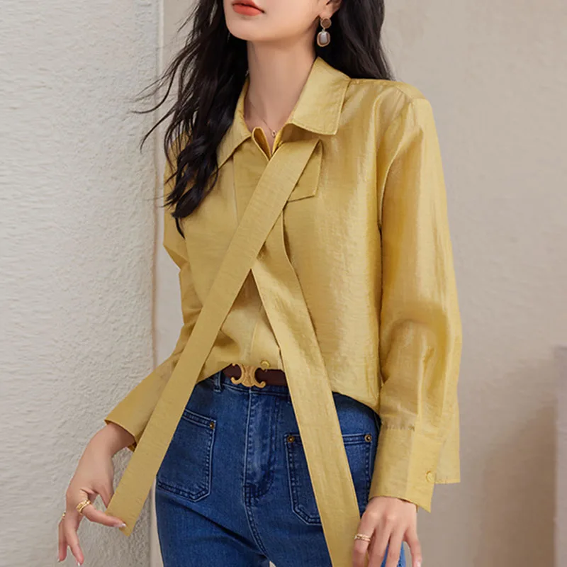 

Vintage Turn Down Collar Riband Chiffon Blouse Office Lady Long Sleeve Yellow Shirt Female Clothing 2022 Tops Blusa Mujer 22802