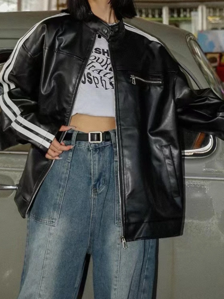 Vintage American Jacket Street Leather Jacket Spring and Fall Short Section Pu Leather Jacket Men and Women Tops Outerwear Women