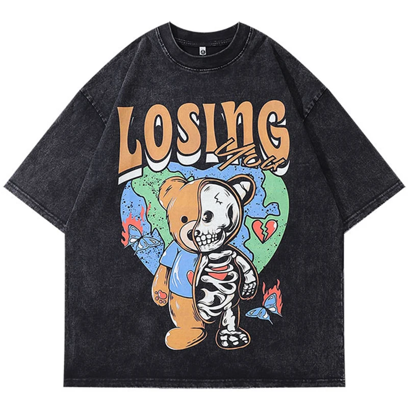 

Vintage Punk Tshirt Streetwear Hip Hop Sad Little Bear Print Gothic Rock T-Shirts Harajuku Casual Cotton Short Sleeve Tops Tees