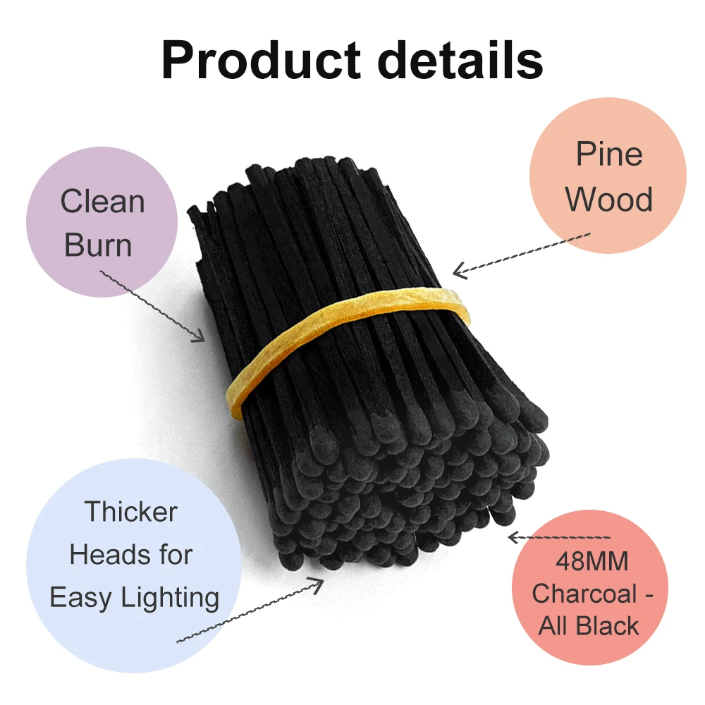 2" All Black Safety Matches 100pcs Long Wooden Matchsticks Candles Fireplace Camping USA