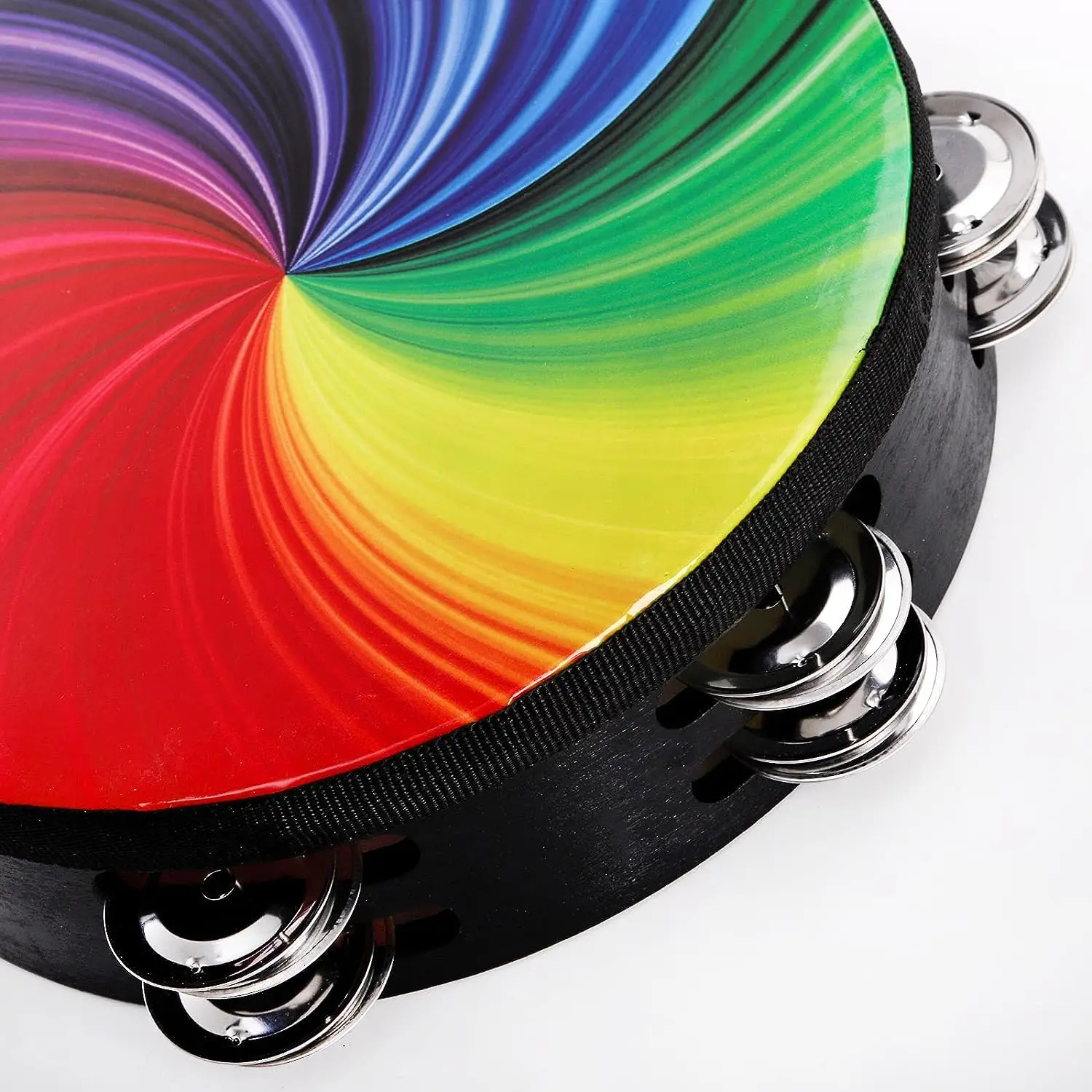 Rainbow Wood Tambourine 8/10-Inch Hand Held With Double Row Jingles