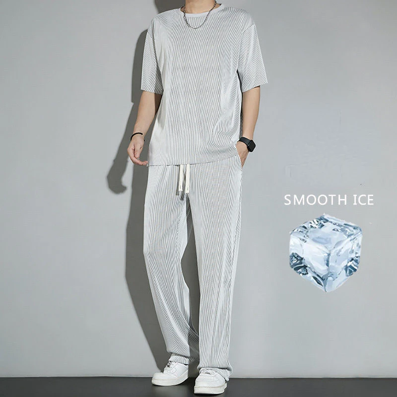 

New Ice Silk Sports Set Men's Summer Thin Tracksuit Men 2023 Casual Long Pants Short Sleeve T-shirt Quick Drying Clothes Sets