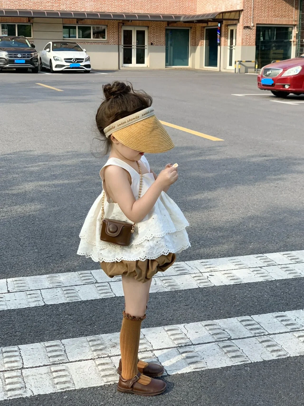 

Girls Clothes Set 2023 Summer Floral Lace Square Collar Cotton Sleeveless Apricot Shirt Brown Bud Pants