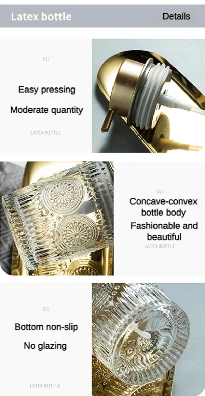 Description Picture 5 of itemClear Glass Lotion Bottle Portable Press Soap Bottle Body Soap/shampoo/face Wash Dispenser Bottle Metal Storage TrayDisplay Tray