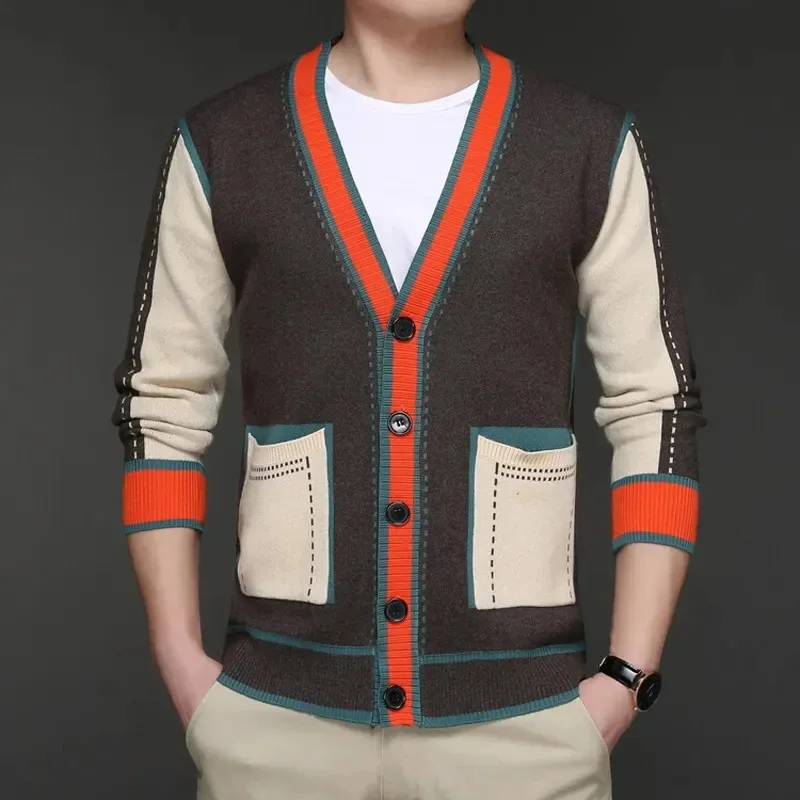 

Men Contrast Sweater Cardigan Buttons Down Outwear Neck for Autumn Patchwork Fashion Young Male Clothing
