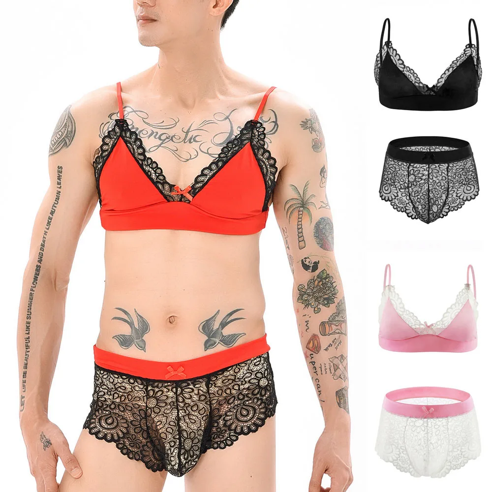

Men Bra And Underwear See-Through Sexy Outfit Breathable Sissy Briefs Big Pouch Lining Underpants Men's Bikini Lingerie