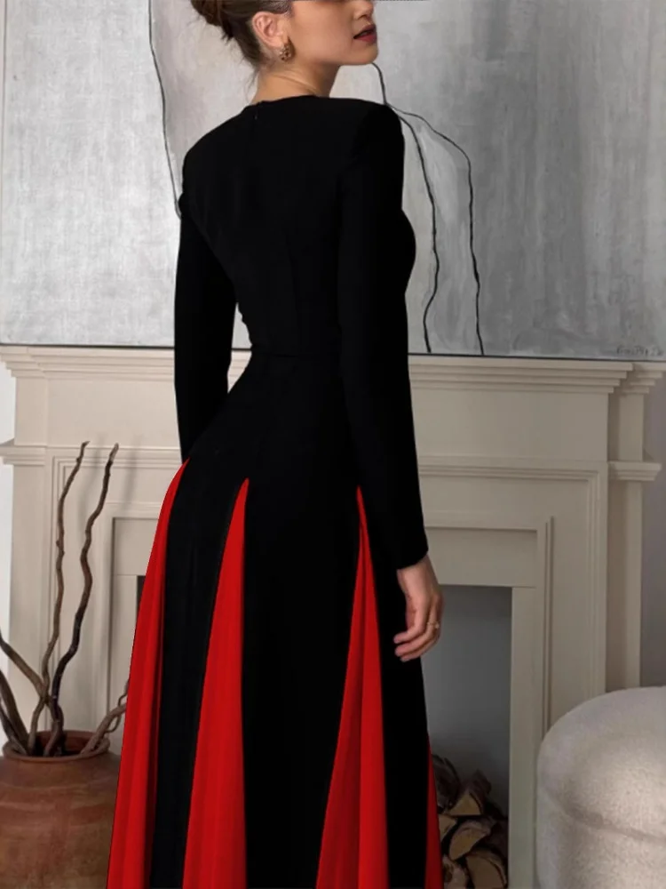 Wmstar 2025 New Women Fashionable Elegant Dress Tight A  Line Large Skirt Hem Long Sleeve Round Neck Dress Color Blocking