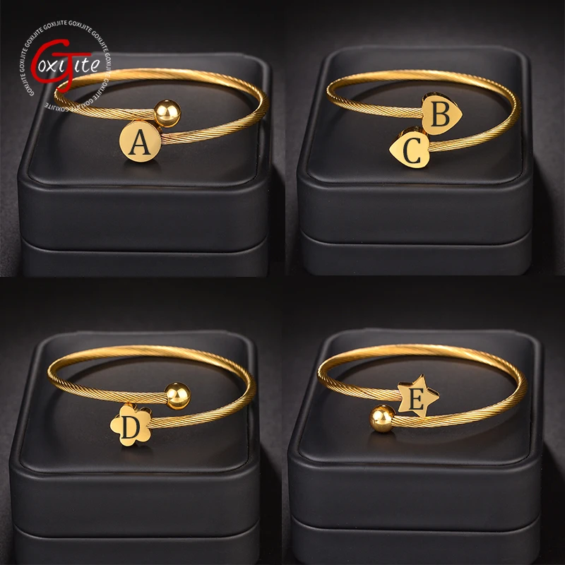 

Goxijite Gold Color Stainless Steel Heart Bracelet Bangle With Letter Custom Initial Alphabet Charms Bracelets For Women Gift