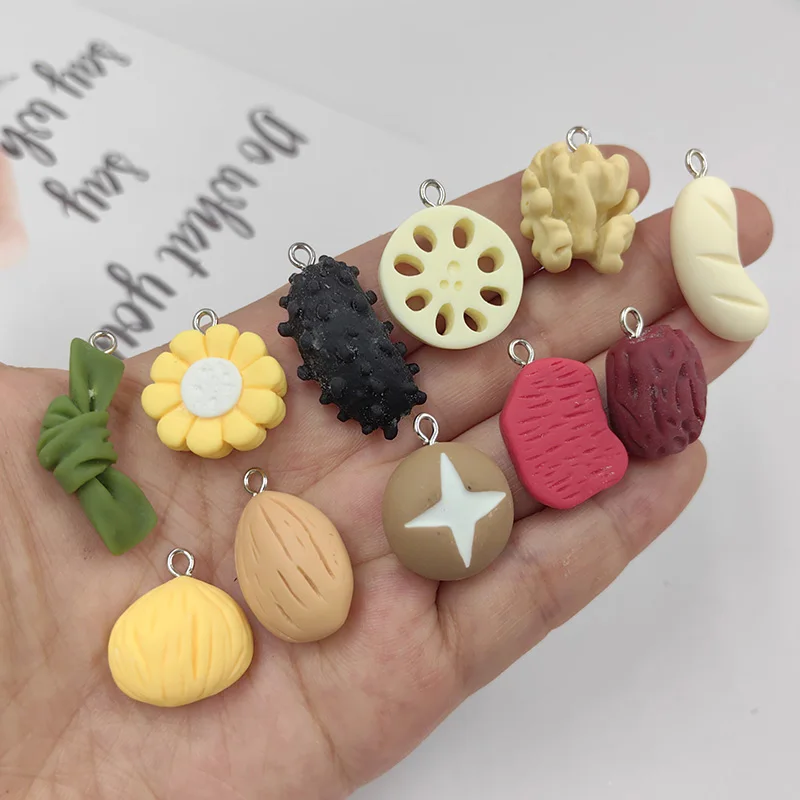 10Pcs Lovely Food Charms Cute Resin Kelp Mushroom Lotus Root Cron Jujube Ciondolo Flatback Per Portachiavi Creazione Di Gioielli Fai Da Te