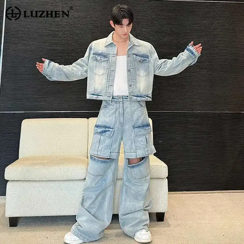 LUZHEN Washed Denim Jackets Two Piece Sets 2025 Detachable Straight Baggy Jeans Fashion Streetwear Retro Men's Clothing LZ8719