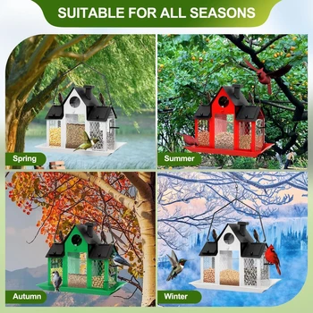 1 Outdoor Hanging Wild Bird Feeder, Large Capacity, Large Birdhouse with Metal Mesh Cover and Seed Tray, Suitable for Titles, Red Birds, Titles, Hummingbirds, Squirrel Protection and Weather-Resistant Metal Outdoor Garden Courtyard Decoration Bird Feeding Station, Gift for Use. 6