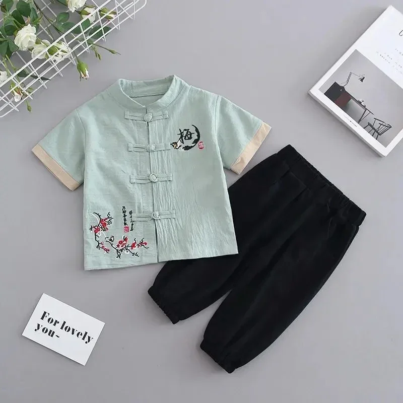 Boys' Set Summer Cotton Hemp Short Sleeve Children's New Children's Baby Chinese Style Tang Suit Two Piece Set
