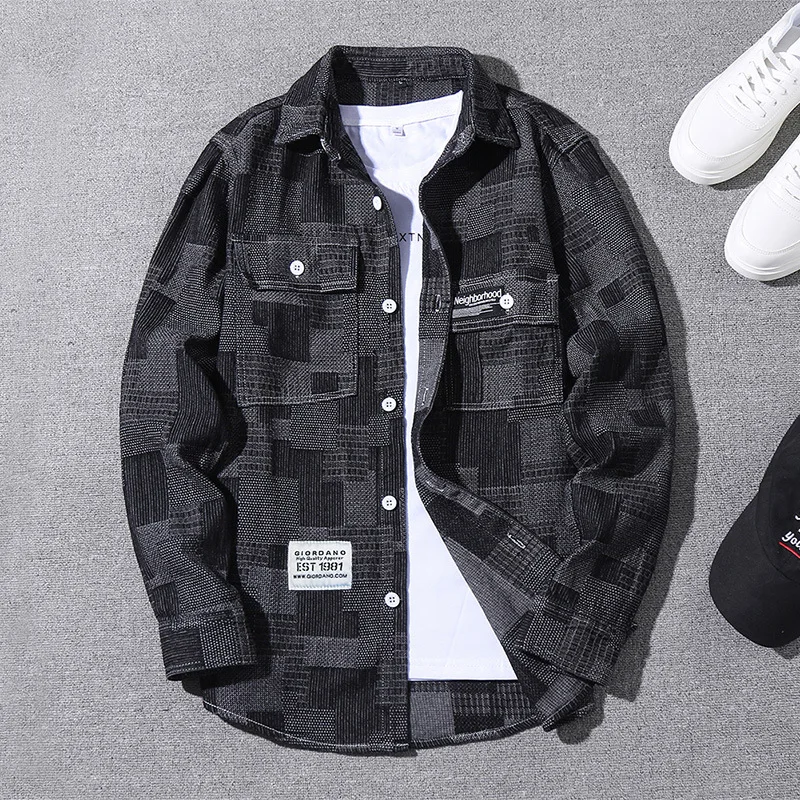 

Men's Fashion Jacquard Slim Long-sleeved Shirt Spring and Autumn Tide Brand Lapel Shirt Jacket Harajuku Button Shirt Male Shirts
