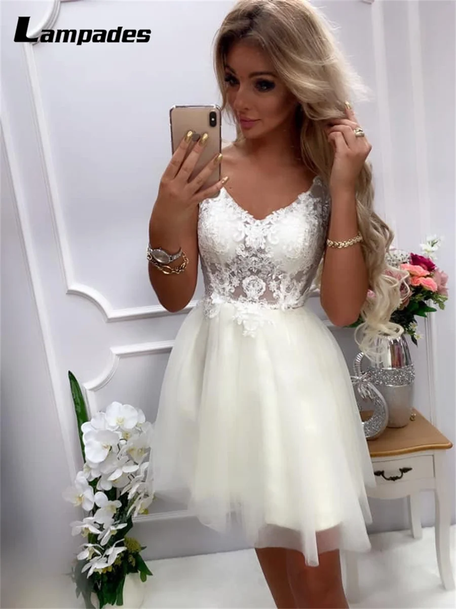 V-neck Beige Tulle See Through Short Party Dress Woman Cocktail Special Occasion Dresses Dress For Guest Wedding Party