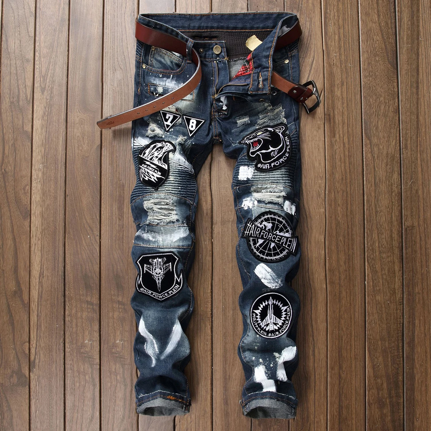 

Men’s slimming no stretch denim pants high quality embroidery jeans hole hip-hop casual jeans street fashion jeans pants men；