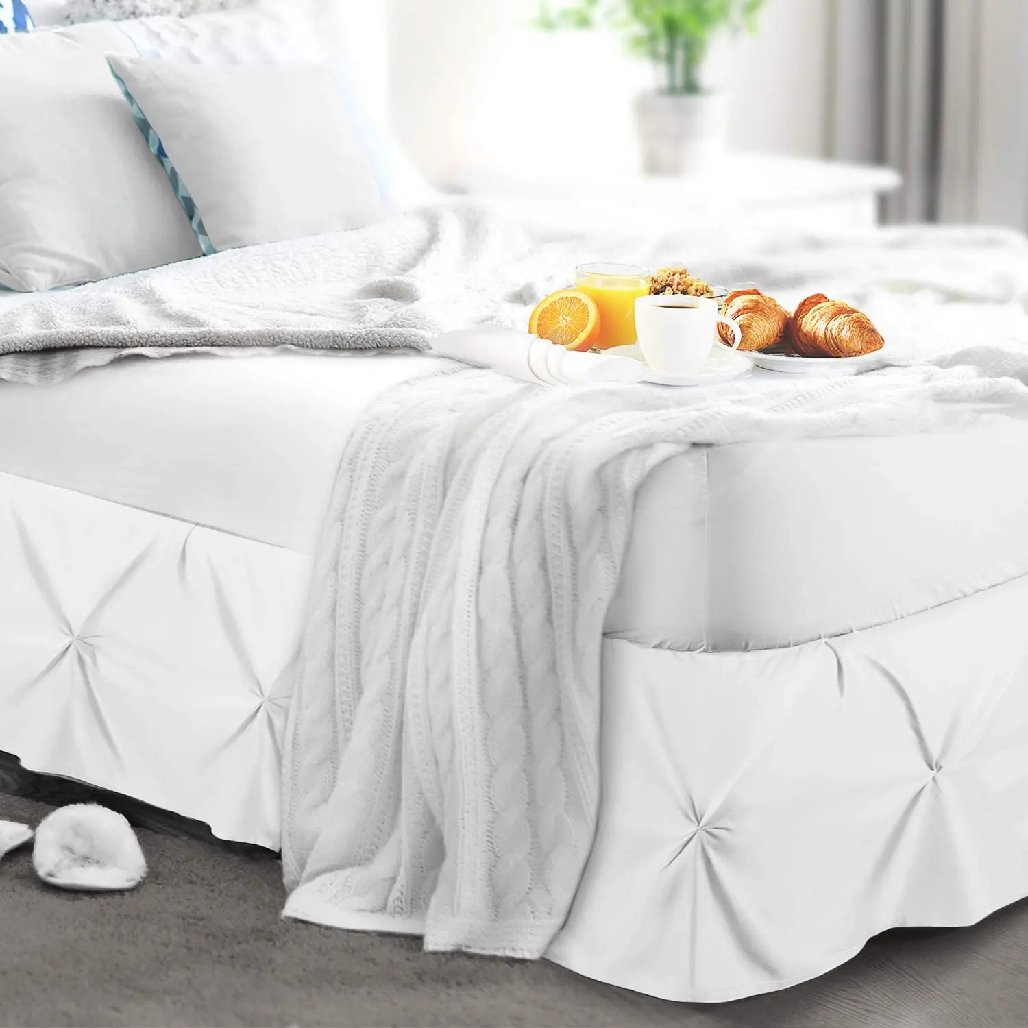 Elegant Wrap Around Pinch Pleat Bed Skirt Valance Add White Sheet Bed Box Spring Cover Bedspread-14 Inch Drop
