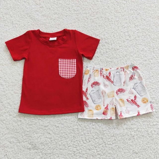 Wholesale Baby Boy Summer Crawfish Set Children Cotton Red Short Sleeves  Pocket Shirt Toddler Infant Shorts Kid Boutique Outfit