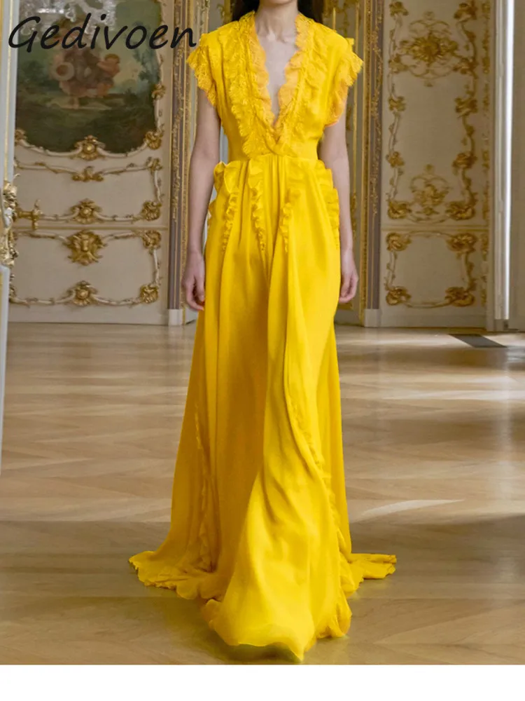 

Gedivoen Fashion Designer Summer Vintage Chiffon Dress Women's Party V-neck Ruffles High Waist Yellow Loose Long Dress